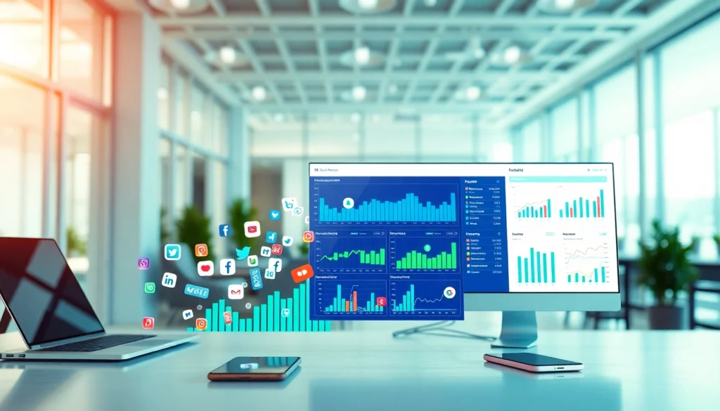 Visualize the Fastest SMM Panel through a vibrant digital marketing graph in a modern office.