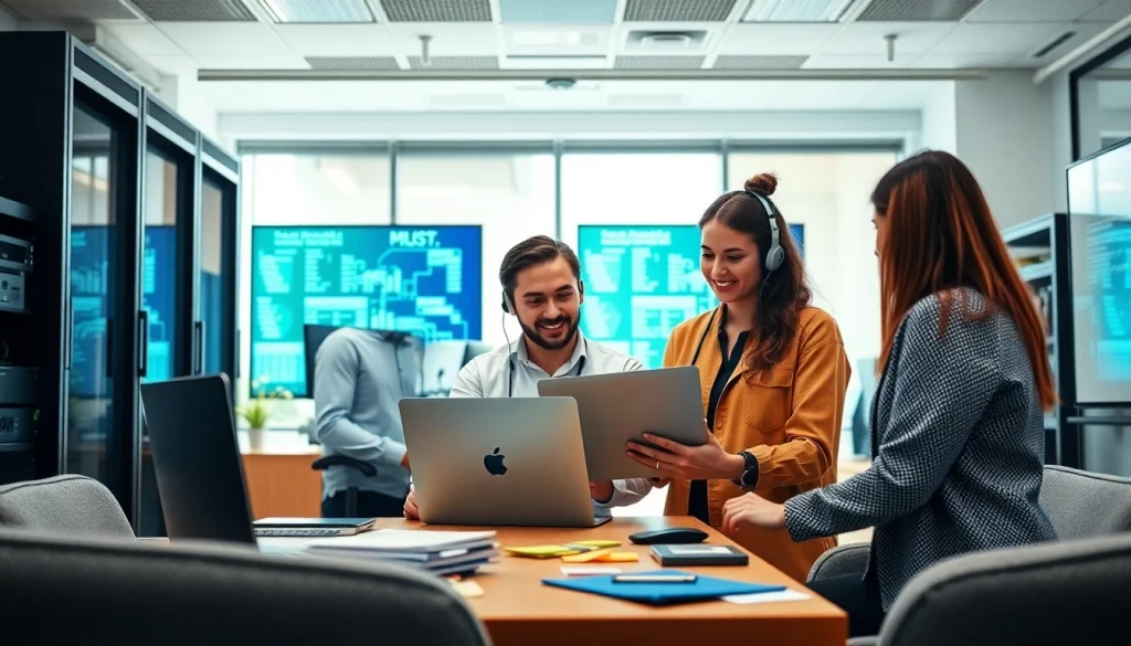 Efficient Edmonton IT support team collaborating on technology solutions in an office setting.