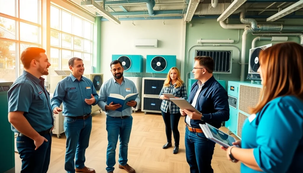HVAC dealers providing expert advice and showcasing systems in a vibrant showroom