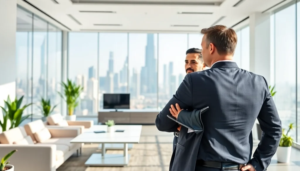 Engaging scene of a lawyer explaining trademark registration in Dubai, showcasing professionalism and modernity.