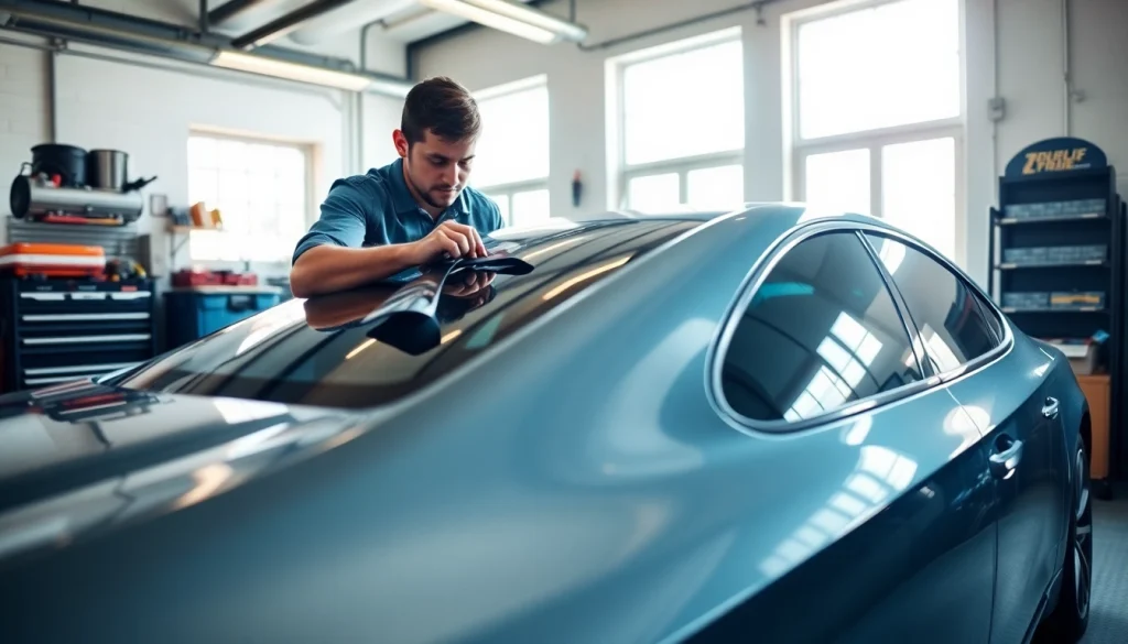 Enhance your vehicle with professional car tint near me applied by a skilled technician in a bright garage.
