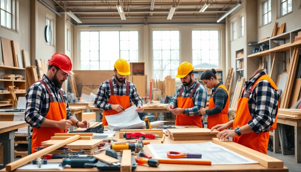Engaged students in construction trade schools in Texas learning hands-on skills in a workshop setting.