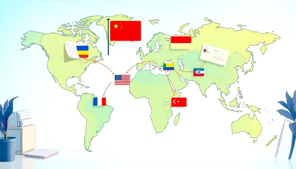 Illustration depicting trade agreements on a world map with vibrant colors and international flags.