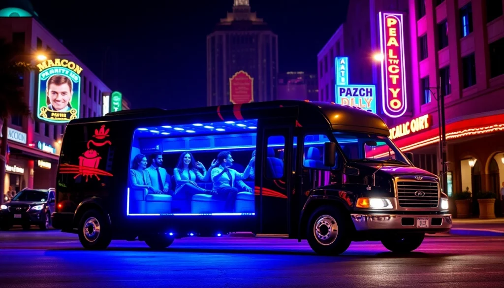 Experience the vibrant interior of a Macon party bus in a lively city setting.