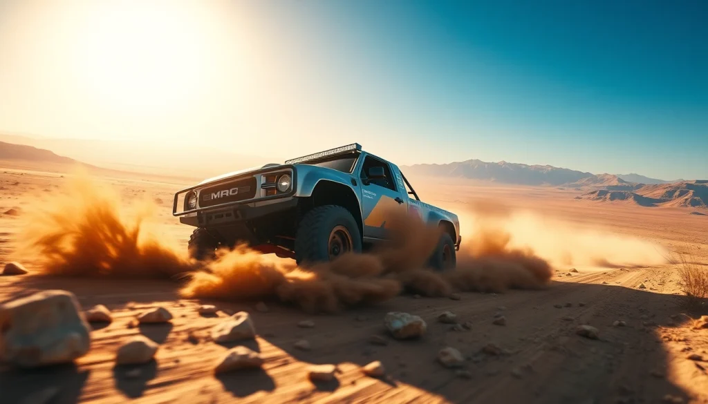 Baja race featuring a trophy truck racing through rugged terrain, showcasing high-speed dynamics.