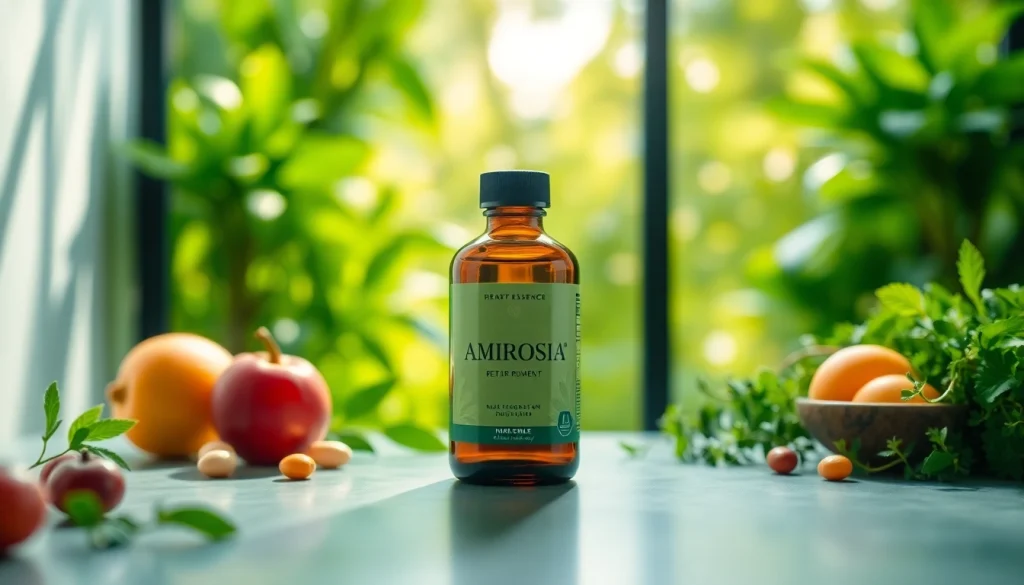 Ambrosia supplement bottle surrounded by fresh fruits and herbs in a vibrant, natural setting