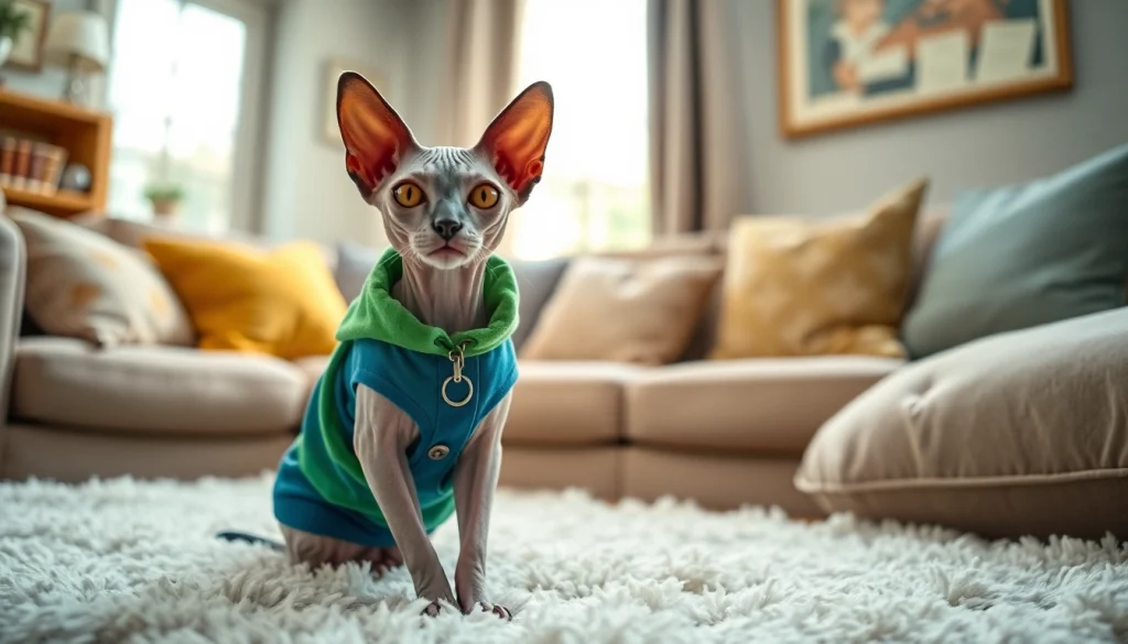Showcasing a fashionable Sphynx cat in vibrant PIKAPIKA Sphynx Clothes, radiating charm and style.