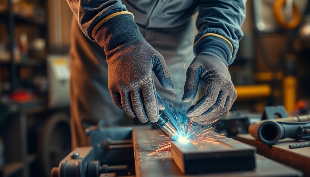 Welder demonstrating skills while wearing welding gloves ensuring safety and protection.