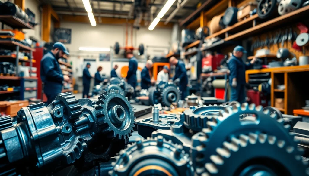 Technicians collaborating on spare parts in a vibrant mechanic workshop environment.