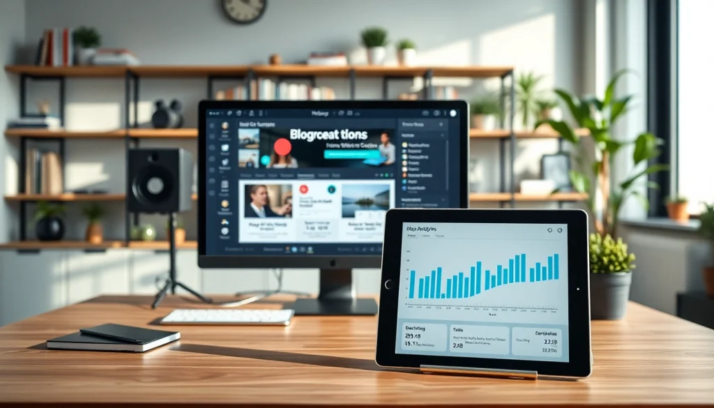 Explore high-volume blog content automation tools in a modern workspace with a digital tablet and analytics.