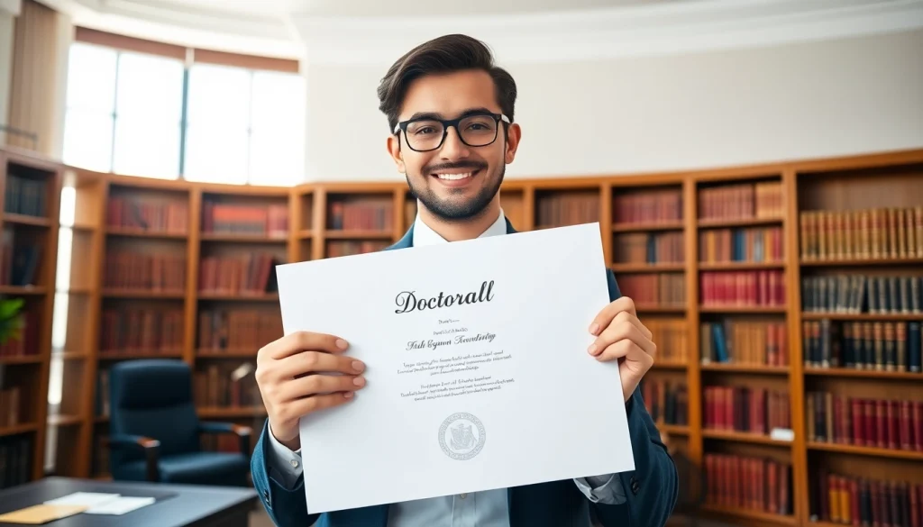 Learn where to buy PhD degree with a professional flaunting a doctoral diploma in an elegant office.