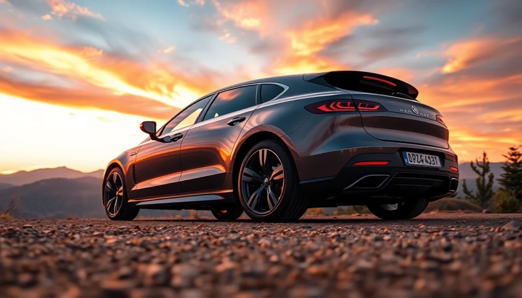 A stunning perfect car showcased in a picturesque sunset setting, emphasizing sleek design and adventure.