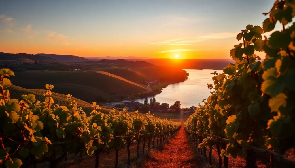 Vibrant view of Clarksburg's vineyards under a golden sunset, showcasing California's wine country.
