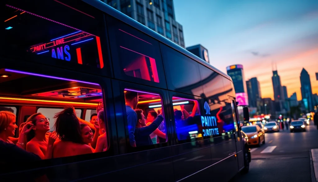 Enjoying a private party bus experience with friends in a vibrant urban setting with neon lights.