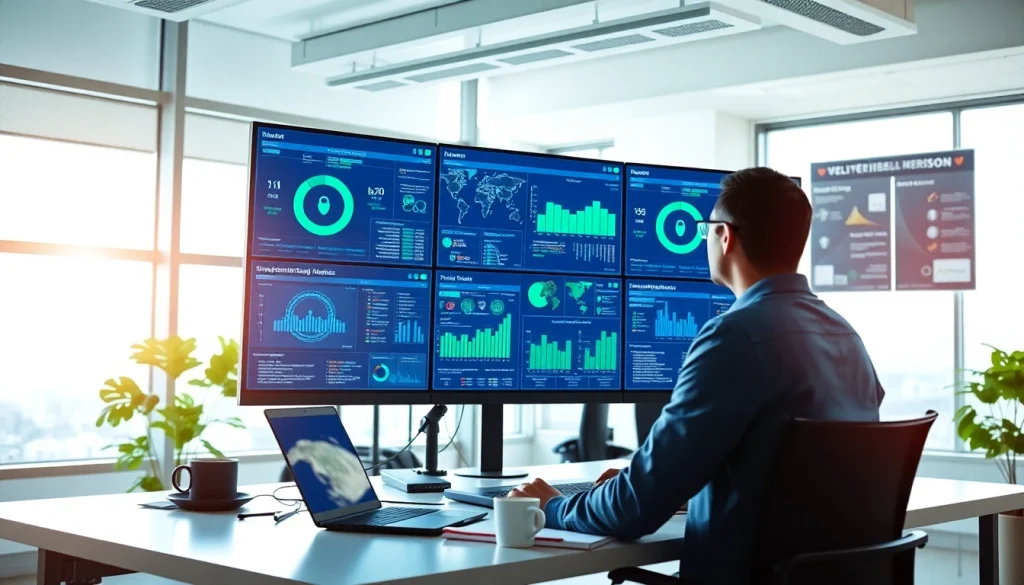 Engaged professional monitoring cyber security services on multiple screens in a modern office.