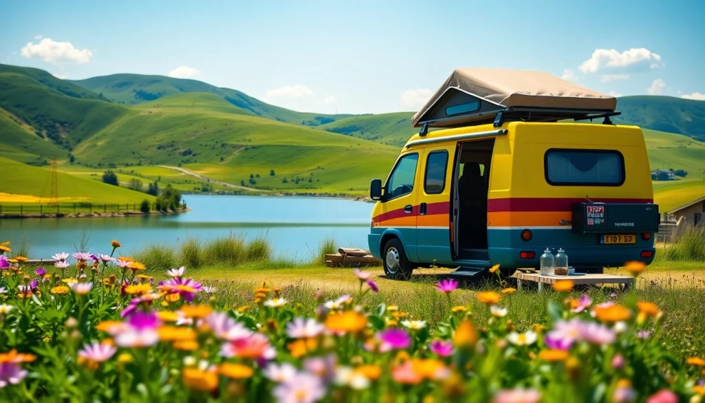Showcasing JRP Campers parked by a scenic lake with vibrant wildflowers in the foreground.