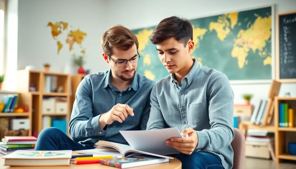 Engaging 11 plus tutor assisting a student in a bright, inviting study area.