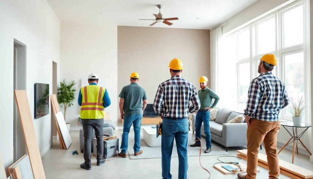 Skilled drywall contractors performing installation in a modern home renovation.