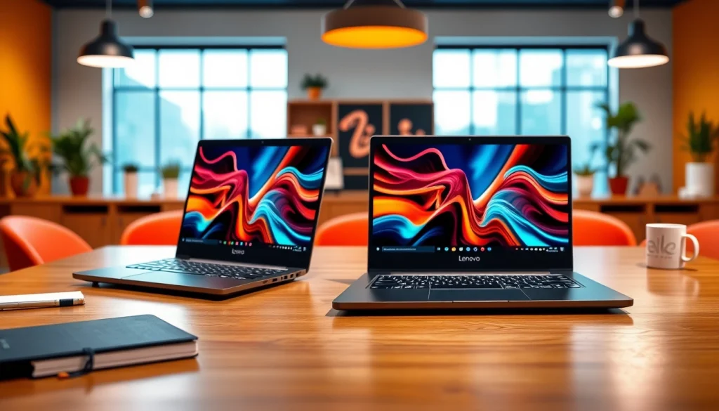 Visualiza laptops Lenovo en un moderno espacio de trabajo, destacando su diseño y funcionalidad.