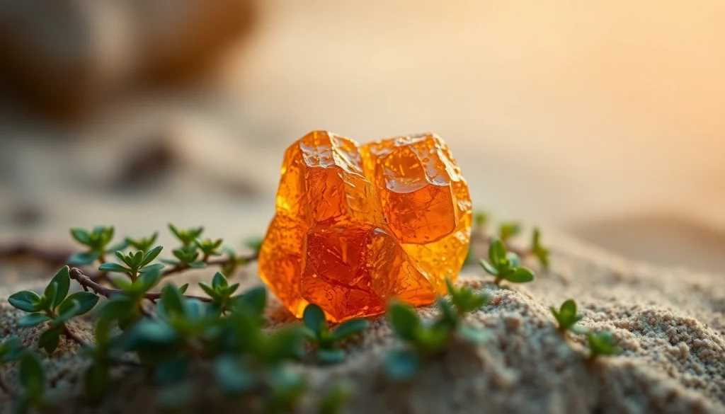 Myrrh resin crystal beautifully showcased amidst green leaves, representing natural healing properties.