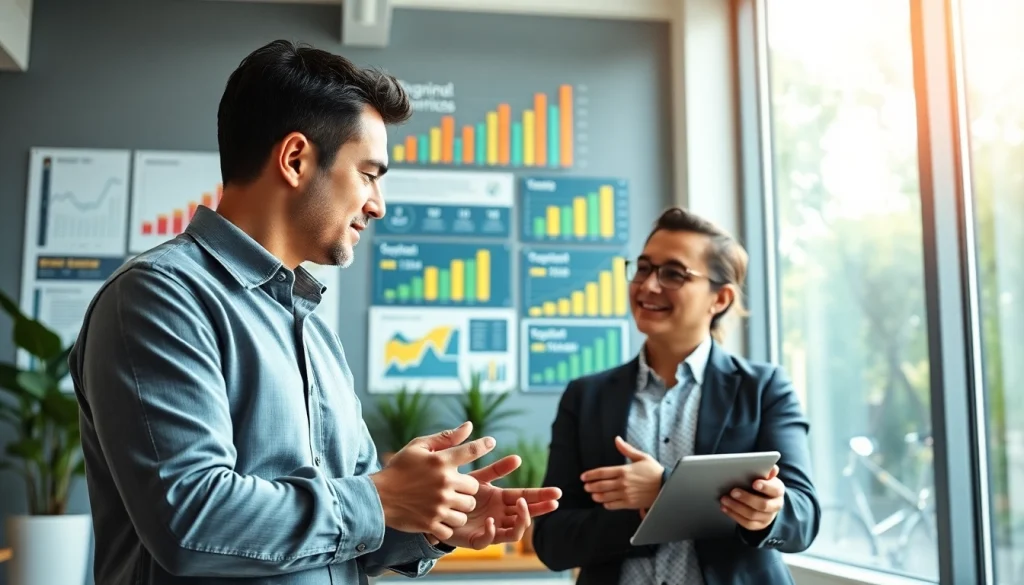 Empowered business coaching service session between a coach and business owner in a bright office.