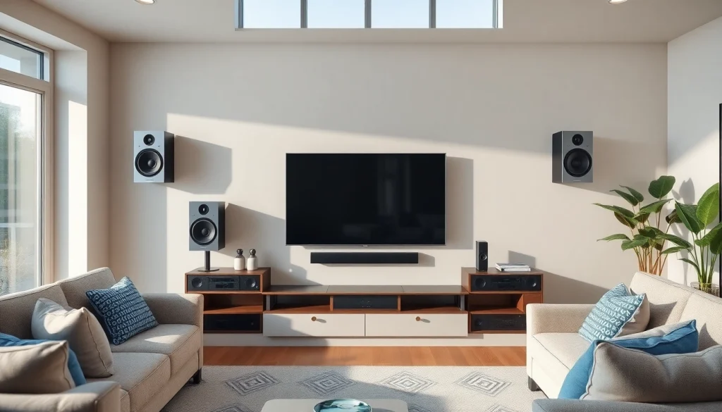 Engaging home audio installation near me in a modern living room, showcasing sleek speakers and a soundbar.