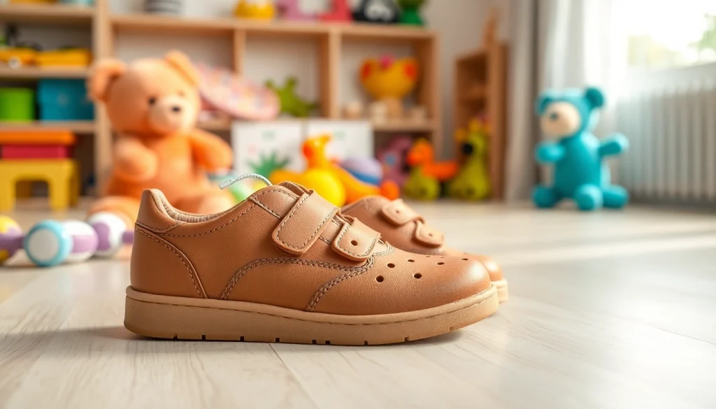 Hochwertige orthopädische Kinderschuhe präsentieren sich auf hellem Holzfußboden und umgeben von bunten Spielzeugen.