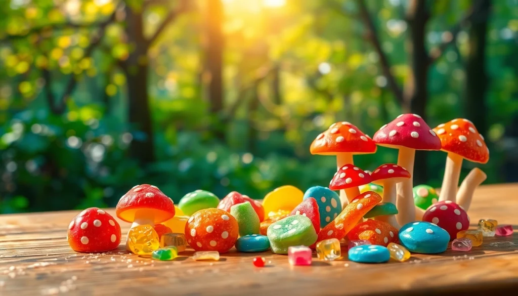 Indulge in vibrant magic mushroom candy showcased artistically on a wooden table.