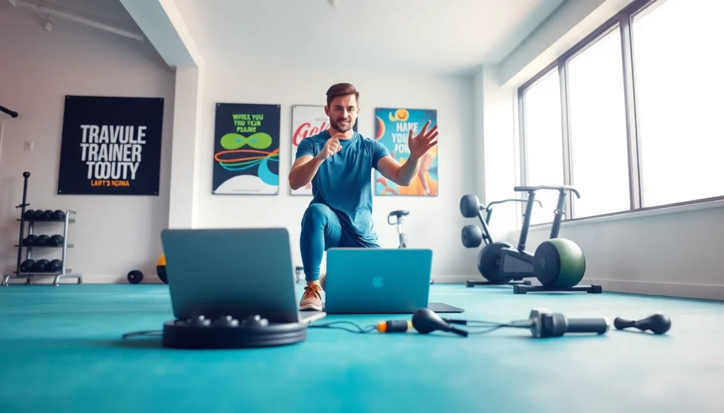 Engaging online gym training session highlighting fitness instructor in action.