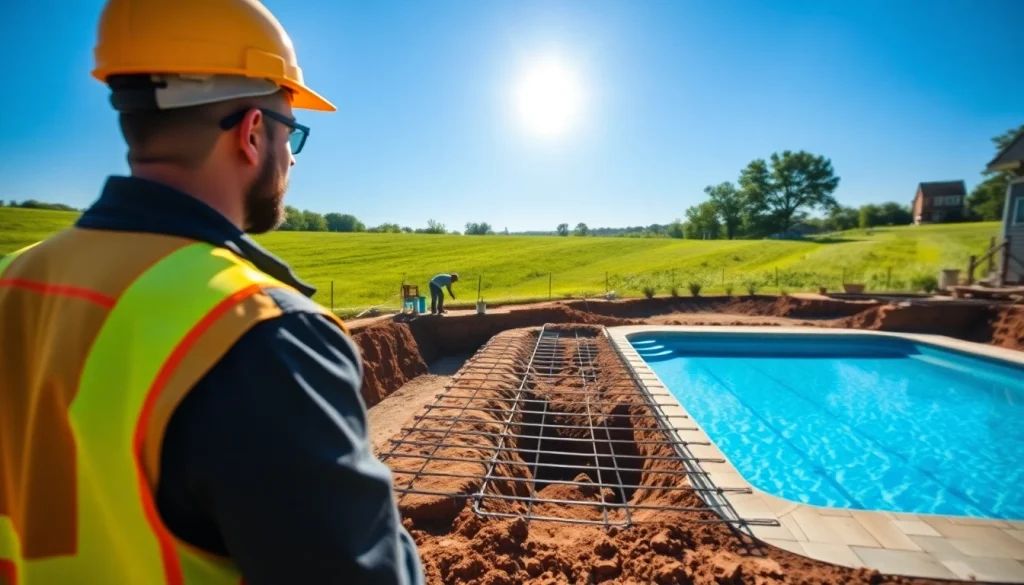 Showcasing pool construction progress with skilled workers installed around an inground pool site.