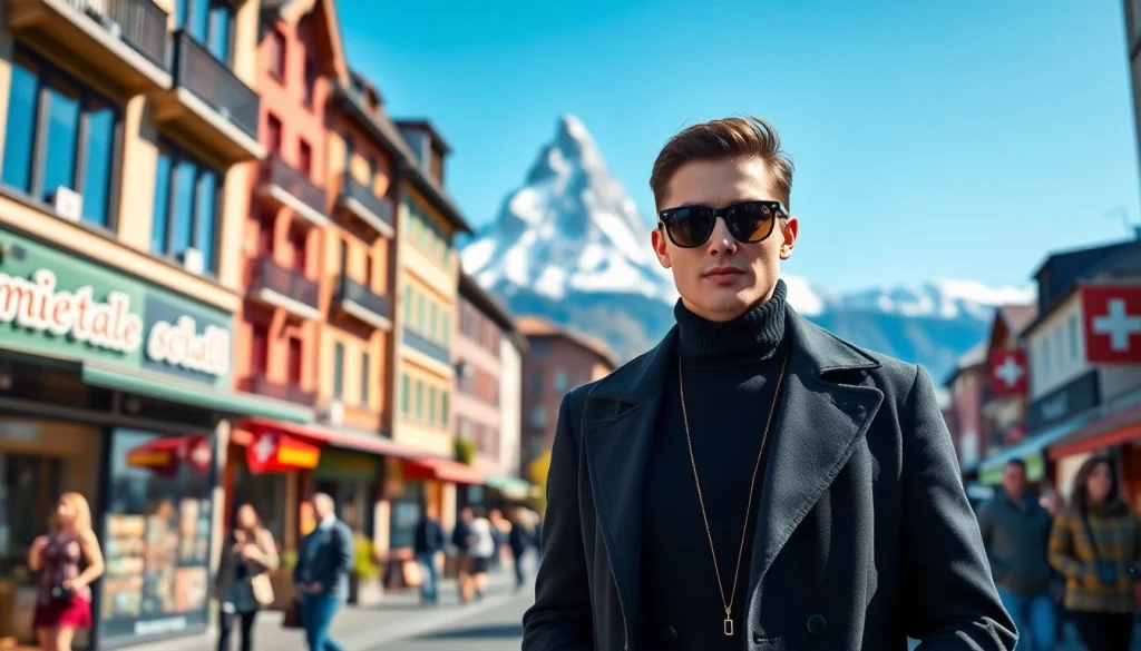 Model Schweiz in einer urbanen Umgebung, stilvolle Präsentation der Schweizer Kultur.