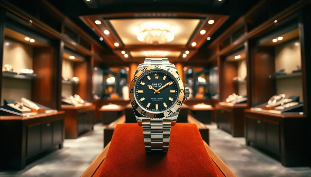 Sell luxury watch in a luxurious store displaying exquisite timepieces with elegant lighting.