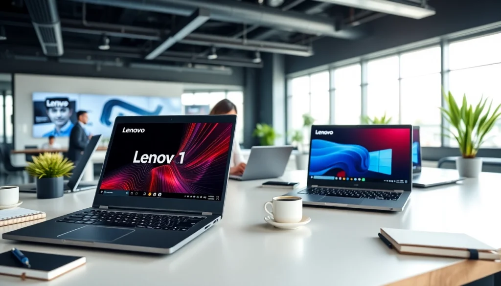 Presenta laptops Lenovo en un entorno de oficina moderna con un profesional trabajando.