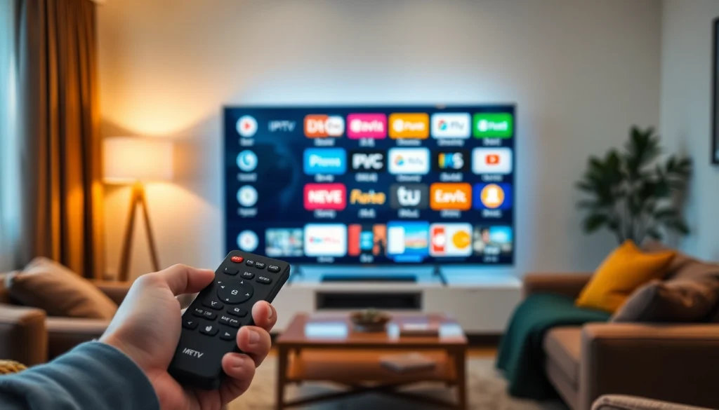 Experience smooth streaming with our IPTV Subscription, showcasing an interactive smart TV interface in a cozy living room setting.