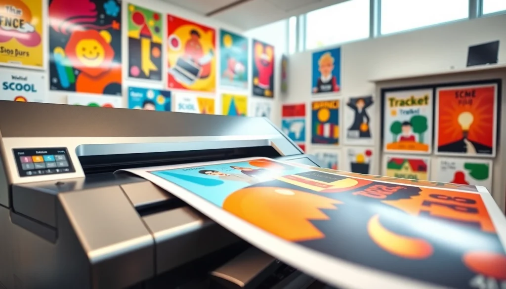 Print shop featuring school poster printers producing vibrant educational posters.