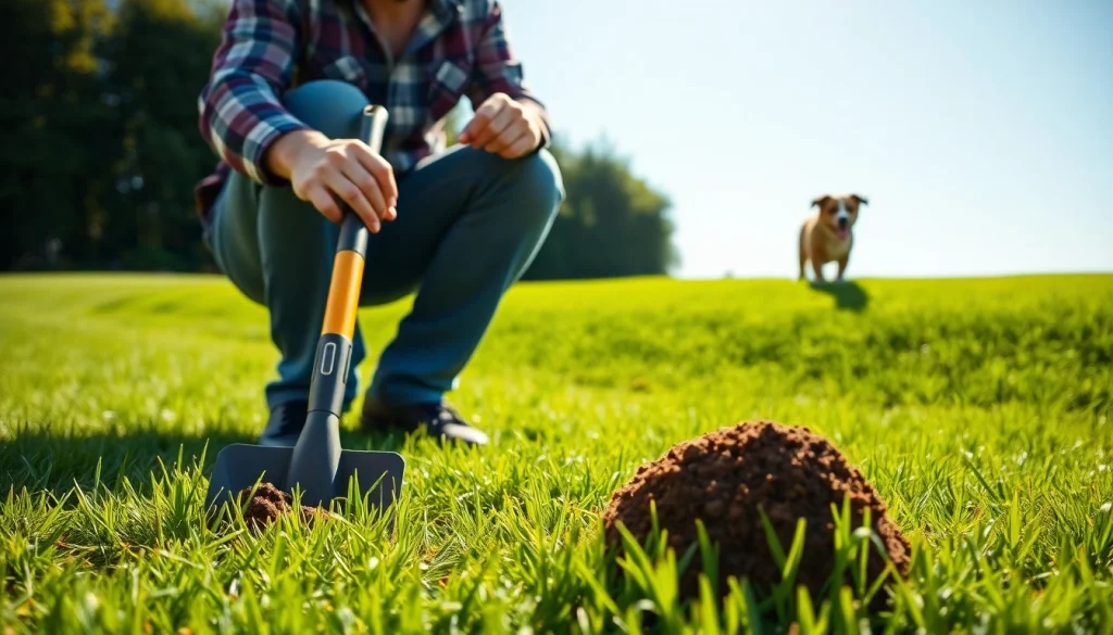 Efficiently clean up dog poop with a scooper in a beautiful yard, highlighting responsible pet ownership.