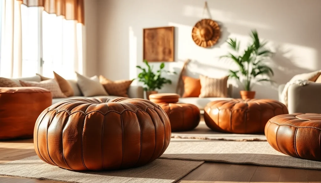 Showcase vibrant Moroccan Leather Poufs and Ottomans in a cozy living room setting, highlighting their craftsmanship.