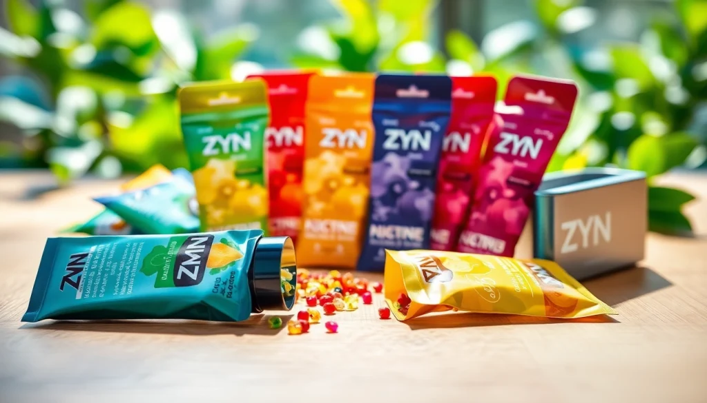Showcase of ZYN nicotine pouches featuring various flavors, emphasizing freshness and vibrant colors.