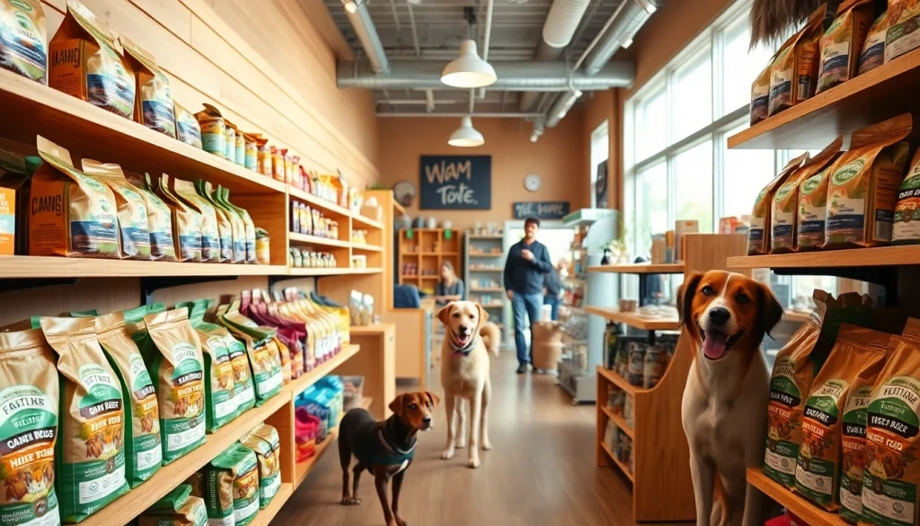 Healthy dog food store Vancouver showcasing various premium products in a warm, inviting setting.