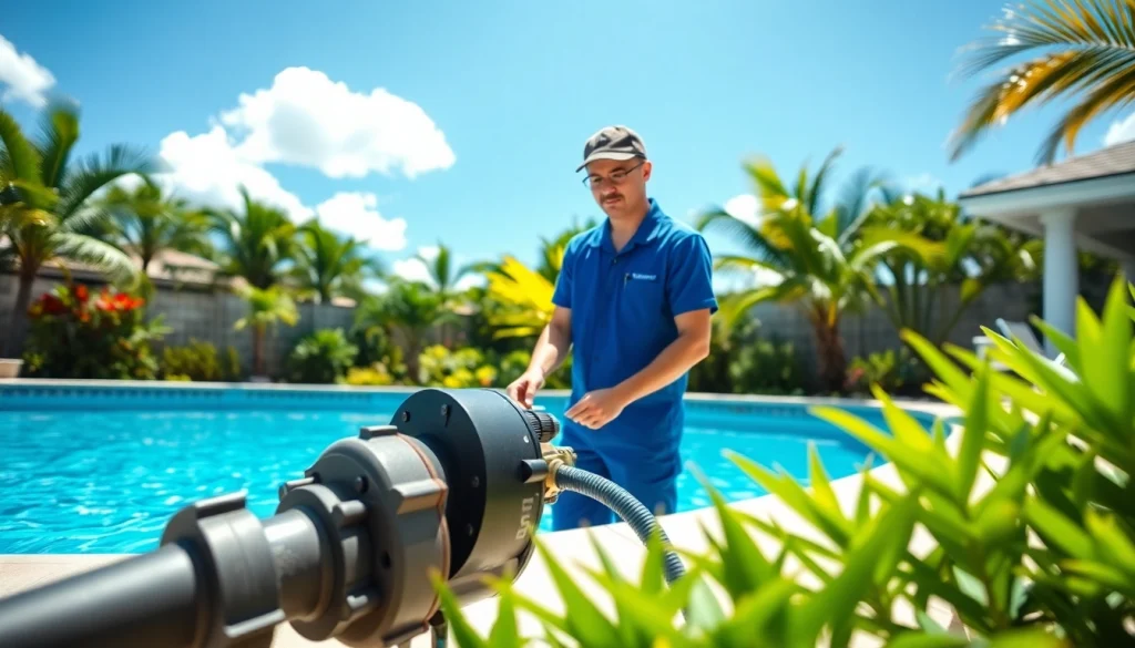 Providing swimming pool service Pinellas County, a technician inspects a spotless pool in a tropical backyard.