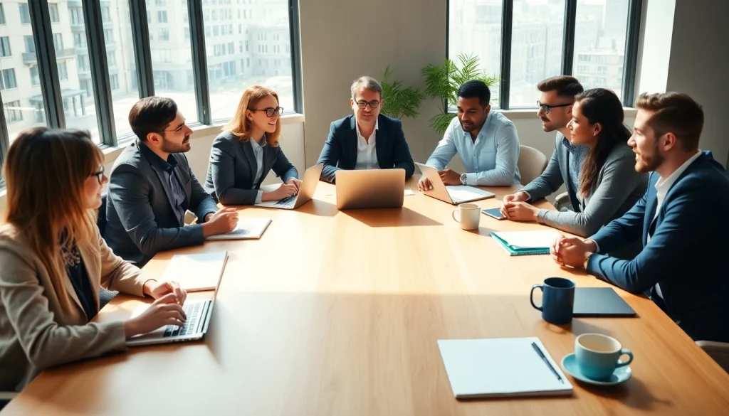 Engaged professionals in a business coaching service meeting in a modern office setting.