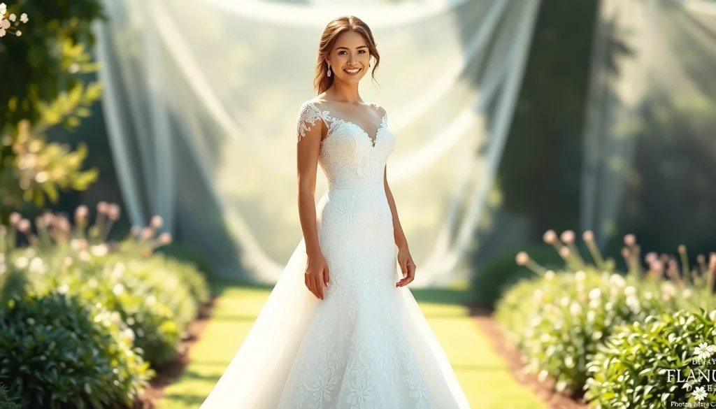 Bridal portrait featuring fit and flare wedding dresses in a beautiful garden setting.