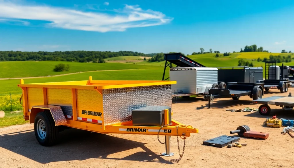 Bri-Mar trailers for sale near me featuring a bright yellow dump trailer in a scenic outdoor setting.