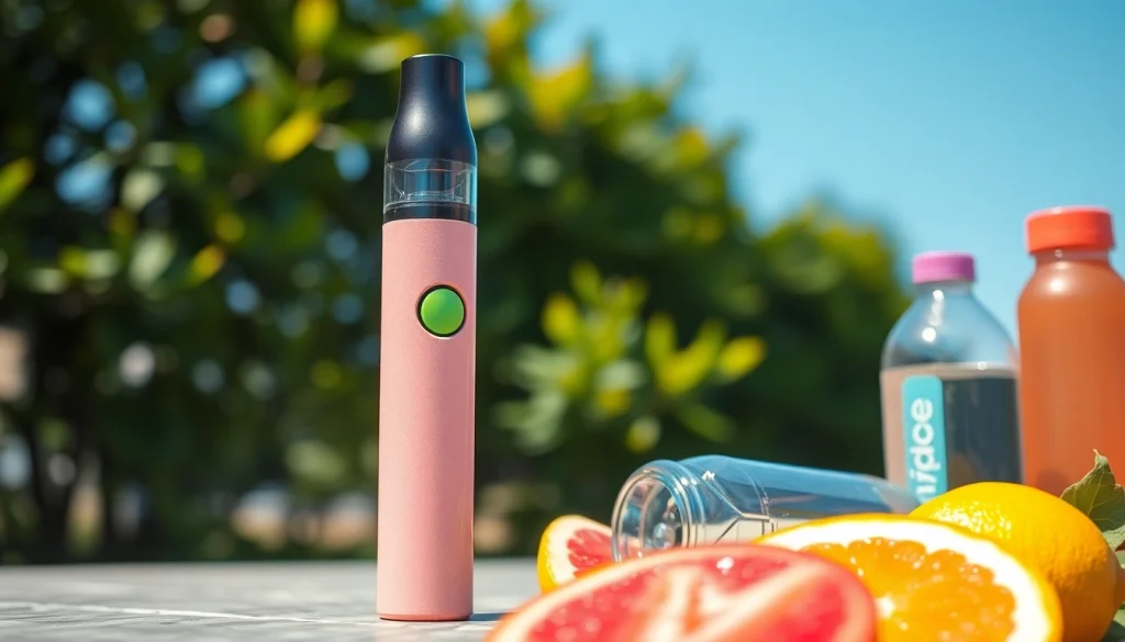 Showcase of a colorful nicotine free disposable vape against a relaxing outdoor backdrop.