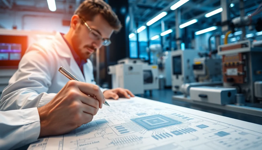 American engineer designing advanced microchips in a modern lab.