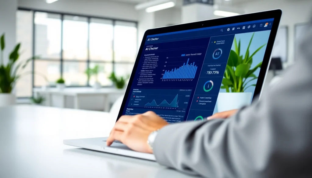 Analyze text using the ai checker tool displayed on a modern laptop in a professional setting.