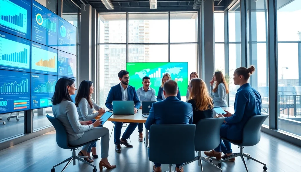 Engaged digital marketing team strategizing for digital marketing edmonton campaigns in a modern office.