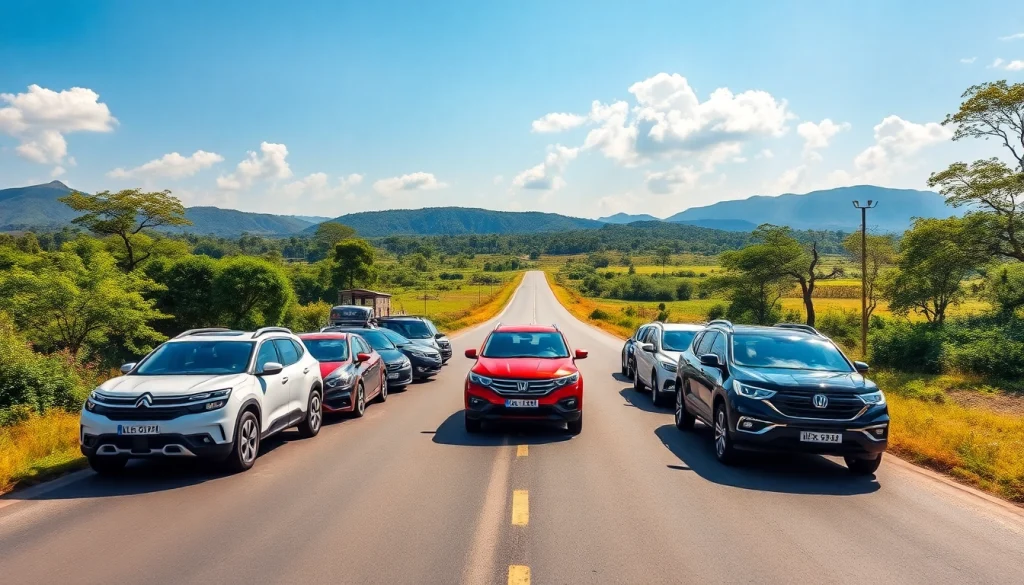 Renting various vehicles for car rental in Uganda amidst scenic landscapes.