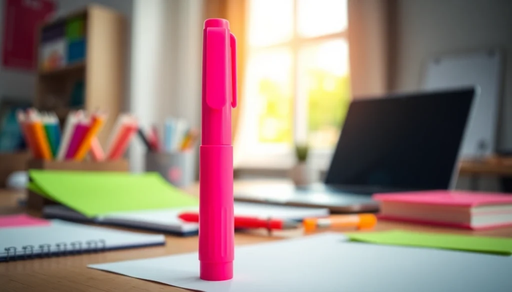 Use a pink highlighter pen to easily emphasize important notes in a vibrant workspace.