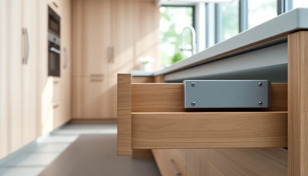 View of a slim box drawer system demonstrating sleek design and functionality in a modern kitchen.